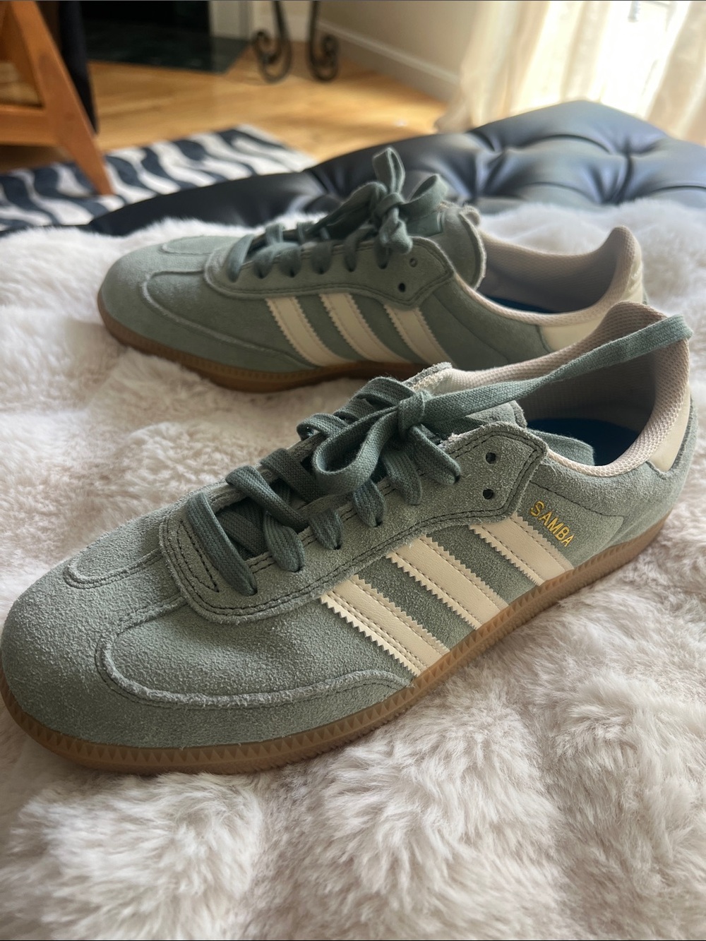 adidas Samba Suede Sneakers in Sage Green with Cream Stripes